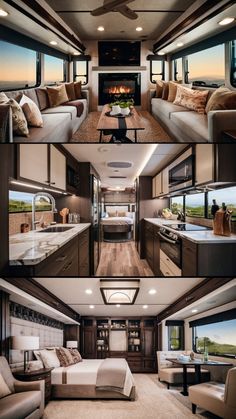 the interior of a motor home with couches, tables and kitchen in each room