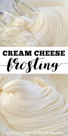 cream cheese frosting in a mixing bowl with the words, cream cheese frosting