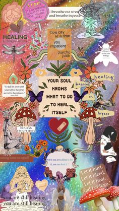 a collage of images with words and pictures on them, including mushrooms, flowers, hearts