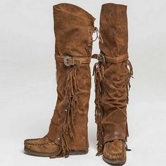 Winter Women Faux Suede Tassel Boots Fashion Ethnic Fringe Boho Long Boots Flat Heel Knee High Boots Tassel Boots, Knee High Boots Winter, Heel Knee High Boots, Popular Boots, Fringe Fashion, Winter Fashion Boots, Trendy Boots, Canvas Boots, Moccasin Boots