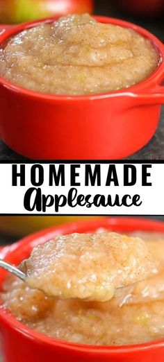 two pictures showing how to make homemade applesauce in red dishes with spoons