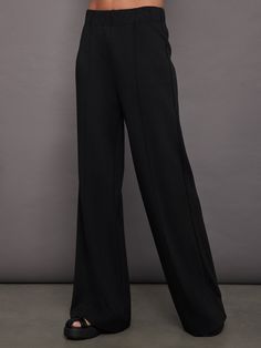 Pin Tuck Knit Pant - Black Black Wide-leg Lounging Pants, Black Wide Leg Pants For Lounging, Chic Lounging Pants In Solid Color, Black Lounging Pants Full Length, Fitted Black Lounge Pants, Fitted Black Pants For Lounging, Elegant Black Wide Leg Pants For Loungewear, Chic Stretch Wide Leg Lounge Pants, Chic Wide Leg Full-length Pants For Lounging