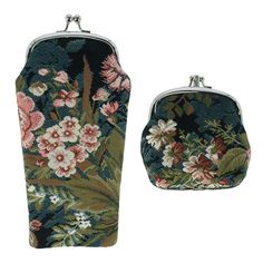 This eyeglass case and coin purse set features a vintage floral print exterior. The eyeglass case has a kiss lock closure to keep your eyewear secure and protected. The coin purse has a double kiss lock closure and is perfect for carrying cash, coins, and small items. Made of Synthetic Balenciaga Wallet, Jimmy Choo Gold, Chanel Camellia, Vintage Clutch, Custom Printed Fabric, Vintage Floral Print, Printed Tapestries, Eyeglass Case, Wallet Accessories