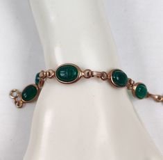 Vintage Egyptian Revival Scarab Bracelet  Green Gold Tone Box Link Scarab Bracelet, Egyptian Revival, Green Gold, Vintage Accessories, Spring Rings, Vintage Watches, Green And Gold, Antique Jewelry, Vintage Antiques