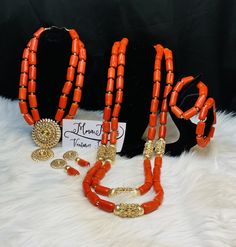 Coral Beads Necklace and long coral beads with bracelet Sets, (Iyun),  Coral  Beads set with accessories beads necklace. Bride, wedding, Engagement, party, traditional beads, high quality, Nigerian Coral Beads, African coral beads, Beads.  African coral beads, coral beads for women. Nigerian bridal accessories,  coral beads. Yoruba/Igbo/ibo/Edo/Benin wedding. Coral beads.  3 pieces includes -layers necklace, 1  bracelet and a pair of earrings  Materials: faux coral beads Mostly used - Traditiona Traditional Coral Beaded Necklaces With Polished Beads, Traditional Handmade Red Coral Beads, Traditional Coral Beaded Necklaces, Traditional Beaded Jewelry For Ceremonies, Red Beaded Necklaces For Traditional Ceremonies, Traditional Red Coral Beaded Necklace With Colorful Beads, Spiritual Beaded Jewelry For Traditional Ceremonies, Traditional Jewelry With Round Beads For Ceremonies, Traditional Round Beads Jewelry For Ceremonies