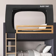 there is a bunk bed with a tv on the top and ladder to the bottom