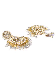 This impressive jewelry set consists of a drop necklace and a pair of chandbali earrings. The crescent-shaped beaded necklace shown in off-white color comes gold-plated with kundan stone studs, and secured with an adjustable drawstring closure. A pair of matching chandbali earrings come secured with a post and back closure. This eye-catching set can add impact to any outfit for any festive occasion! Get ready for compliments! Product color may vary based on the monitor or screen you are using.Se Traditional White Kundan Necklace With Matching Earrings, Traditional White Kundan Necklace With Earrings, Gold Plated Chandbali Kundan Necklace, Gold Plated Kundan Chandbali Necklace, White Kundan Necklace With Matching Earrings In Temple Style, White Kundan Jewelry Sets, White Temple Jewelry Chandelier Earrings, White Chandbali Bridal Earrings, Traditional Crescent Jewelry For Festivals