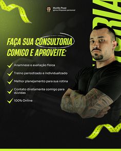 a man with his arms crossed standing in front of a black and green background that says, faca sua constitoria compoia e arviete