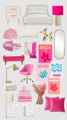 a collage of pink and white furniture with gold accents, including a bed, dresser,