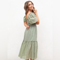 Step Outside In Style With Vera. This Charming Dress Is Designed With A Flattering Silhouette, Flirty Puff Sleeves, Smocked Bodice, And Eyelet Details. Style Info & Care Nursing Friendly Smocked Bodice Puff Eyelet Sleeves Square Neckline Ruffled & Eyelet Hemline Solid Woven Texture Lined Self: 97% Polyester 3% Spandex, Contrast: 100% Cotton, Lining: 100% Polyester Approx. Length: 40.5” Hand Wash With Cold Water, Do Not Bleach, Line Dry, Iron Low Model Info Model Is 5'5” And Is Wearing Size Small Spring Dress With Smocked Bodice, Non-stretch, Summer Puff Sleeve Maxi Dress With Smocked Bodice, Spring Dresses With Smocked Bodice And Non-stretch Fit, Spring Flowy Peasant Dress With Puff Sleeves, Spring Puff Sleeve Peasant Dress For Brunch, Spring Peasant Dress With Puff Sleeves For Brunch, Spring Brunch Peasant Dress With Puff Sleeves, Green Puff Sleeve Maxi Dress For Summer, Spring Square Neck Smocked Dress With Smocked Back