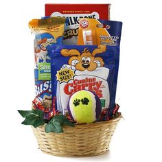 a basket filled with candy and snacks