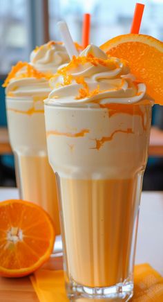 two orange drinks with whipped cream and an orange slice