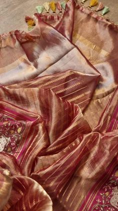 Pure Organza Tissue Silk Banarasi Stripe Pichwai Embroidery on Katan Silk Satin Border Saree Luxury Festive Katan Silk Sets, Luxury Banarasi Silk Traditional Wear With Printed Border, Luxury Banarasi Silk Embroidered Fabric In Traditional Style, Luxury Banarasi Silk Shawl For Traditional Ceremonies, Luxury Silk Fabric With Zari Work, Luxury Raw Silk Fabric For Traditional Ceremonies, Luxury Festive Raw Silk Fabric, Chanderi Meenakari Pre-draped Saree For Navratri, Meenakari Raw Silk Pre-draped Saree For Wedding