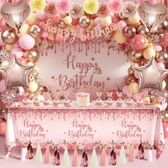 PRICES MAY VARY. Rose Gold Birthday Party Set: 1 glittering banner, 1 backdrop, 1 rose gold tablecloth, 1 tissue paper tassel garland, 2 foil fringe curtains, 2 star-shaped and 2 heart-shaped foil balloons, 4 paper pompoms, 65 latex balloons to make up balloon arch, and 12 cake toppers. Valuable Pack: Floral happy birthday backdrop (polyester) and rose gold tablecloth (plastic) are limited and specially designed for girls. One and only in the market. Rose gold fringed foil curtain is (1m*2m) lar Pink Birthday Set Up, Rose Gold Birthday Party, Pink Birthday Party Decorations, Happy Birthday Pink, Gold Birthday Party Decorations, Paper Tassels, 12 Cake, Garland Paper, Gold Tablecloth