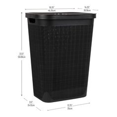 a black trash can with measurements for the size and width, on a white background