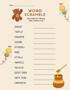 the word scramble is written in spanish and has two bees, a honey jar, and a