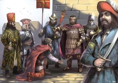 a group of people standing around each other in front of a brick wall holding swords