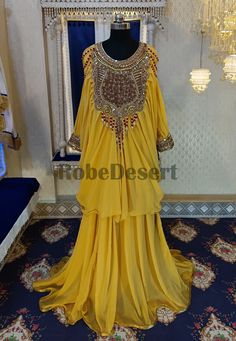 Goolden Yellow Designer Islamic Moroccan Caftan Fancy Maxi Dubai Farasha Wedding Kaftan Gown Arabian Takchita Caftan For Women Dress by TheRobeDesert on Etsy Floor-length Georgette Kaftan For Eid, Yellow Kaftan For Wedding And Festivals, Georgette Kaftan With Dabka Work For Reception, Georgette Kaftan For Wedding And Diwali, Bollywood Style Floor-length Kaftan For Diwali, Wedding Georgette Kaftan With Dupatta, Diwali Gold Kaftan With Zari Work, Floor-length Kaftan For Eid Reception, Eid Floor-length Kaftan With Dupatta