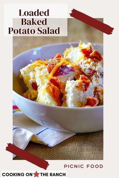 loaded baked potato salad in a white bowl