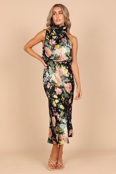 Anabelle Halter Neck Midi Dress - Black Floral Printed Satin Dress, 파티 드레스, Minimalist Dresses, Body Con Dress, Sleeves Clothing, Summer Chic, Multicolor Dress, Hip Dress, Daily Dress