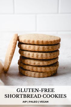 a stack of shortbread cookies with the words gluten - free shortbread cookies