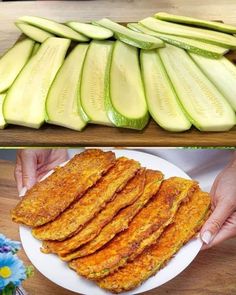 cucumber slices on a white plate with flowers in the background and someone cutting them into smaller pieces