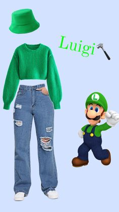 an image of luigi from mario kart and his green hat with the word luigi on it