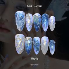 MEET US UNDER THE SEA ˖°𓇼🌊⋆🐚🫧 Introducing our Lost Atlantis collection, featuring 23 of our signature mermaid nail designs. 🧜🏼‍♀️ We’ve been planning this collection since the day we were founded, as mermaid-fairy core has always been the base of our brand and aesthetic. We’re so excited to release the Lost Atlantis collection that ties together our designs.🧚🏼‍♀️ If you’ve been following along our journey, you’ll discover some familiar designs that have been with us since day one of Ersa a... Nail Inspo Sea, Space Nail Art Designs, Nail Mermaid Design, Under The Sea Nail Designs, Mermaid Aesthetic Nails, Siren Nails Dark, Mermaid Nails Aesthetic, Dark Mermaid Nails, Atlantis Nails