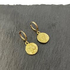 Ancient Persian Coin Earrings - Museum Quality Replica of an ancient Persian coin. Obverse : Head of the last king of the Achaemenid Empire of Persia Gold Coin Pendant Earrings, Brass Coin Pendant Medallion Earrings, Brass Medallion Earrings With Coin Pendant, Spiritual Yellow Gold Round Earrings, Gold Engraved Symbolic Earrings, Symbolic Engraved Gold Earrings, Engraved Gold Symbolic Earrings, Brass Medallion Earrings For Pierced Ears, Coin Pendant Earrings For Gifts