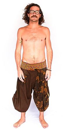 Samurai Fisherman Shorts in Brown Koi Fish-The High Thai-The High Thai-Yoga Pants-Harem Pants-Hippie Clothing-San Diego Hippie Style Brown Bottoms For Festival, Hippie Style Brown Festival Bottoms, Brown Hippie Bottoms For Festival, Brown Cotton Bottoms, Hippie Style Wide Leg Brown Bottoms, Brown Wide Leg Hippie Bottoms, Baggy Cotton Pants With Built-in Shorts, Casual Brown Bottoms For Festival, Hippie Festival Bottoms With Built-in Shorts