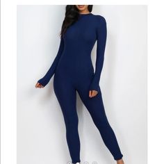 Brand New Blue Jumpsuit Fits True To Size. Fitted Blue Bodysuit, Fitted Blue Solid Color Bodysuit, Chic Blue Fitted Bodysuit, Blue Long Sleeve Bodysuit For Night Out, Chic Blue Stretch Bodysuit, Blue Stretch Jumpsuit With Long Sleeves, Casual Blue Bodysuit For Fall, Fitted Blue Bodysuit For Night Out, High Stretch Blue Bodysuit For Night Out