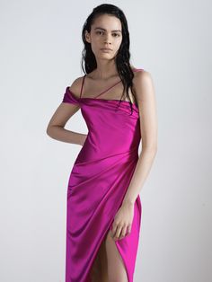 Elise Satin Evening Dress Fuchsia Pink - Galia Lahav Dress With A Shawl, Shawl Neckline, Satin Evening Dress, Satin Corset Dress, Silk Satin Dress, Silk Satin Fabric, Galia Lahav, Satin Evening Dresses, Satin Corset