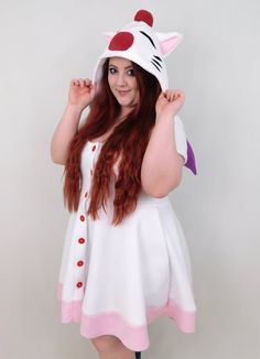 Moogle Inspired Kigurumi Dress Cute Costume Dress For Cosplay Events, Cute White Dress For Cosplay Events, Cute White Dresses For Cosplay, White Kawaii Dress For Halloween, Cute White Cosplay Costume For Events, Cute Halloween Cosplay Costume, Cute Purple Halloween Dress, Cute White Halloween Costume, White Cotton Halloween Dress