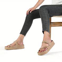 Introducing our Solid Color Slide Sandals, the perfect blend of comfort and style for your everyday wear. Crafted from durable EVA material, these sandals offer lightweight and flexibility, ensuring long-lasting comfort wherever you go. Featuring an open-toe design, these slide sandals keep your feet feeling cool and comfortable, making them ideal for warm weather adventures. The solid color adds a touch of versatility, allowing you to easily pair them with any outfit. Complete with a buckle clo Casual Summer Footbed Sandals With Toe Loop, Casual Toe Loop Footbed Sandals For Summer, Cushioned Open Toe Slides In Eva, Eva Slides With Cushioned Footbed And Open Toe, Comfortable Open Toe Platform Slides, Casual Beach Platform Slippers With Cork-bed Midsoles, Trendy Toe Loop Sandals With Synthetic Material, Trendy Synthetic Toe Loop Sandals, Trendy Toe Loop Synthetic Sandals