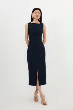 Experience Everyday Elegance In Our Midi Dress, Made With Comfortable Four Way Stretch, With A Figure Hugging Bodice That Flows Into A Straight Hanging Skirt, And Tab Details Made With Faux Leather, Designed To Cinch The Waist. Style It With Sandals Or Court Heels For A Look That Will Take You From Summer Office Days To Date Nights. Petite Compact Stretch Tailored Pu Tab Detail Midi Dress High Quality Stretch Fabric Flattering Fitted Bodice  Straight Hanging Skirt Unique Faux Leather Tab Accents Evening Work Dress, Column Silhouette Dress, Business Attire For Petite Women, Tailored Feminine Style, Dress To Work The Office, Classic Style Dress, Spring Workwear Women, Dress To Minimize Bust, Dramatic Classic Formal Dress