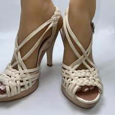 Condition- Brand New. Never Worn These Are Beautiful, Suede And Leather, Cream Color, Woven, Strappy Platform Sandals. Size 7.5. Heel Height 4.75. Strap And Buckle Closure. Made In Italy. Chic Natural Heels With Heel Strap, Elegant Natural Color Platform Sandals, Cream Heels With Wooden Heel And Ankle Strap, Cream Heels With Wooden Heel For Summer, Natural Ankle Strap Heels With Wrapped Heel, Chic Natural Heels With Open Heel, Elegant High Heel Natural Heels, Chic Natural Color Open Heel Heels, Elegant Natural High Heels