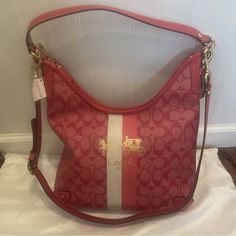 For The Pink Lovers! This Gorgeous And Practical Coach Signature Bag Is Nwt And Comes With A Long Crossbody Strap. Elevate Your Style With This Stunning Coach 13193 Heritage Stripe Signature Convertible Magenta Canvas Hobo Bag. This Bag Is Perfect For Women Who Want To Add A Touch Of Sophistication To Their Wardrobe. The Bag Features A Striped Pattern With A Magenta Hue, Which Makes It Stand Out From The Rest. The Exterior Material Is Made From Quality Leather, Which Ensures Durability And Longe Designer Pink Shoulder Bag For Travel, Designer Pink Shoulder Bag For On-the-go, Designer Pink Crossbody Bag, Designer Pink Shoulder Bag For Everyday Use, Designer Pink Shoulder Bag For Shopping, Pink Designer Shoulder Bag For Everyday, Designer Pink Shoulder Bag For Errands, Rectangular Pink Hobo Bag For Travel, Pink Rectangular Hobo Bag For Shopping