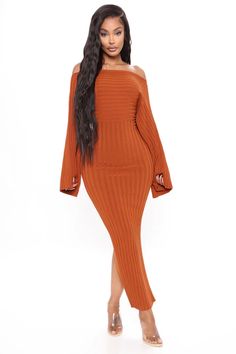 Heather Sweater Midi Dress - Cognac | Fashion Nova, Dresses | Fashion Nova Midi Dress Off Shoulder, Heather Sweater, Magenta Sweater, Sweater Midi Dress, Dresses Fashion Nova, Dress Off Shoulder, Stretch Back, Soft Dress, Fashion Nova Dress