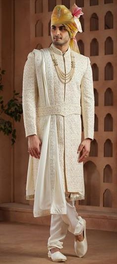 White and Off White color Sherwani in Art Silk fabric with Bugle Beads, Embroidered, Sequence, Thread work White Churidar With Resham Embroidery For Reception, Traditional Zari Work Sets For Ceremony, Off White Embroidered Traditional Wear For Reception, White Kurta With Cutdana For Reception, White Churidar For Reception And Eid, Wedding Churidar With Cutdana For Eid, White Churidar For Reception Or Eid, Embroidered Off White Traditional Wear For Reception, White Churidar For Eid Reception