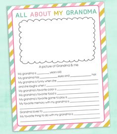 an all about my grandma printable with the words and pictures on it in pink, green