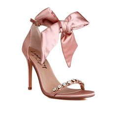 Feminine 4-inch Heels For Evening, Elegant Open Toe Heels With 4-inch Heel, Open Heel Bow Heels For Night Out, Formal Satin Sandals With Round Toe, Fitted Ankle Strap Heels With Bow, High Heels With Bow For Night Out, Chic Ankle Strap Heels With Bow, Chic Wedding Shoes With 4-inch Heel, Feminine Satin Pointed Toe Heels