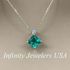 "The pendant pictured is lab created emerald and diamond #6499 -Approximate total carat weight: approx. 1.23ctw diamond equivalent -Center Stone Size: 6x6mm - approx. 1.20ct diamond equivalent -Center Stone Shape: square radiant -Gem Type: lab created emerald -Stone Clarity: VS2 -Stone Color: green -Moh's Scale: 8.5 hardness -Accent Stone Size: 1 round approx. 0.03ct. diamond equivalent -Gem Type: genuine diamond -Stone Clarity: SI1 -Stone Color: GH -Moh's Scale: 10 hardness -Metal Type and Puri Green Emerald Diamond Necklace For May Birthstone, Green Emerald Diamond Pendant Necklace, Fine Jewelry Green Diamond Necklace For Anniversary, Formal Diamond Necklace For May Birthstone, Green Necklace With Diamond Accents For A Gift, Classic Green Emerald Necklace With Diamond Accents, Dazzling Emerald Necklace With Diamond Accents For Anniversary, Dazzling Emerald Diamond Necklace For Anniversary, Dazzling Emerald Necklace For Anniversary