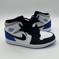 Nike Air Jordan 1 Mid SE Union Royal Men's US Size 10 Shoes 852542-102 Union White/Black Royal Basketball Sneakers • pre-owned in good condition as shown in photos; please note slight staining on blue portion of back of left shoe; please see last photo for LEGIT App Authentication The Air Jordan 1 Mid SE Union Royal draws inspiration from some of Jordan Brand’s most recognizable colorways to create a new look. The design slightly resembles the Union LA Jordan 1 with its reconstructed tooling around the ankle. The upper of the Air Jordan 1 Mid SE Union Royal features a white leather base with black nylon paneling and Swooshes. Grey, black, blue and white are also prominent in the shoes’ overlays, contrast stitch, and iconography. A concentric outsole that enhances traction and an Air midsol Air Jordan 1 Mid Se, Nike Air Jordan 1 Mid, Cute Nike Shoes, Cute Nikes, Nike Air Jordan 1, Basketball Sneakers, Air Jordan 1 Mid, Jordan 1 Mid, Dream Shoes