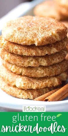 a stack of gluten free snickendoodle cookies with cinnamon sticks in the background