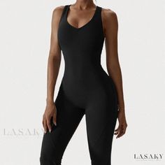 Lasaky - Sleeveless Shapewear Jumpsuit with Wide Leg Flared Pants, Perfect for Exercise, Solid-Colored, Tight-Fitting Yoga Bodysuit Yoga Details, Yoga Bodysuit, Flared Jumpsuit, Yoga Jumpsuit, Solid Color Jumpsuits, Flare Jumpsuit, Bodycon Jumpsuit, Leg Stretching, Long Sleeve Jumpsuit