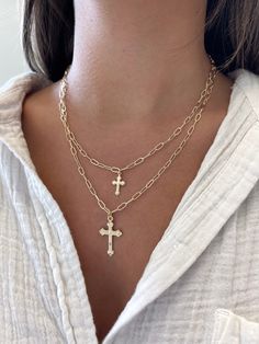 17" Cross pendant measures 1.25 inches Dainty Crucifix Clavicle Chain Jewelry, Adjustable Chain Cross Pendant Necklace, Cross Pendant Chain Necklace, Spiritual Necklace With Delicate Cross Pendant Chain, Dainty Crucifix Necklace With Adjustable Chain, Spiritual Cross Pendant Necklace With Delicate Chain, Spiritual Crucifix Clavicle Chain Jewelry, Metal Cross Pendant Necklace With Adjustable Chain, Delicate Chain Necklace With Cross Pendant