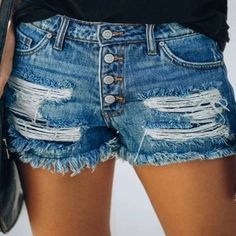 Prepare To Enter The Fray In The Hole-In-The-One Fringe Denim Shorts. These Shorts Have A Ripped Front And Back With Killer Slashed Details And Frayed Hems. Five-Pocket Design. Button-Fly Closure. Perfect For Spring And Summer! Staple Or Trend! Due To The Rips And Fray, Mark These Down As Trends! Material: 65% Cotton, 35% Polyester Care Instructions: Machine Wash Casual Blue Jean Shorts With Button Closure, Blue Casual Jean Shorts With Button Closure, Blue Cotton Jean Shorts With Button Closure, Rock My Style, Annie Oakley, The Fray, Hot Shorts, Distressed Denim Shorts, Amazon Women