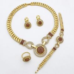 Afraic Jewelry -Dubai Fine Jewelry Sets For Women Brazilian Necklace And Earrings Round Pendant Wedding Banquet Jewellery product name: latest jewelry set designs for women plating Color: gold Color material: alloy keyword: Dubai Fine Jewelry Sets For Women Brazilian Golden Style Necklace And Earrings Round Pendant Style: African fashion jewelry Style: TRENDY Shape\pattern: Round Origin: Mainland China Occasion: Party Model Number: 259 Metals Type: Zinc alloy Material: Metal MOQ: 1Sets Jewelry Sets Type: Necklace/Earrings/Ring/Bracelet Item Type: Jewelry Sets Included Additional Item Description: Necklace earring ring bracelet Gender: Women Fine or Fashion: Fashion Electroplating process: Three times in the plating Model Number:3256804196782106 Product information: Material: alloy Color: G Party Models, Jewelry Set Design, Set Designs, Wedding Banquet, Earrings Round, Latest Jewellery, Necklace And Earrings, Style Necklace, Round Pendant