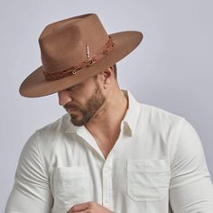 Aspen Brown Wide Brim Felt Fedora by American Hat Makers Flat Brim Hat Outfit, Brim Hat Outfit, Mens Felt Hats, Mens Felt Hat, Hat Outfit Men, Moth Man, Cowboy Hat Styles, Wool Hat Men, Wide Brim Felt Hat