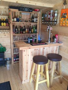 two stools are in front of the bar